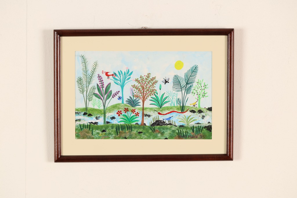 Río con aves y plantas de colores